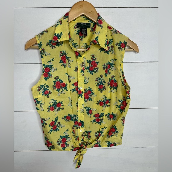 Lauren Ralph Lauren Tops - Ralph Lauren Preppy Tie Front Yellow Floral Sleeveless Top Women's - Size Large